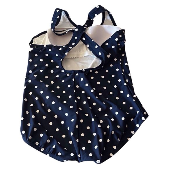 Lands' End Womens UPF 50+ Navy Blue Polka Dot One Piece Swimsuit Large (14/16) - Picture 4 of 10